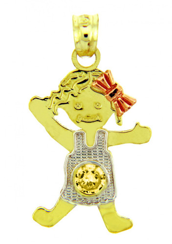 Tri Tone Gold Girl November Birthstone Charm w/ CZ Citrine