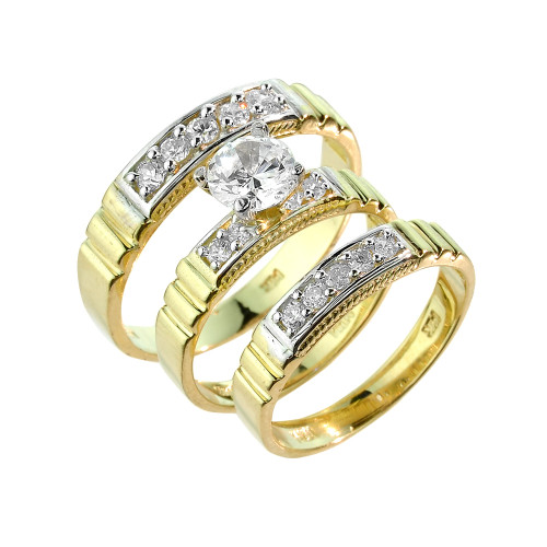 Gold CZ Wedding Ring Set (3-Piece)