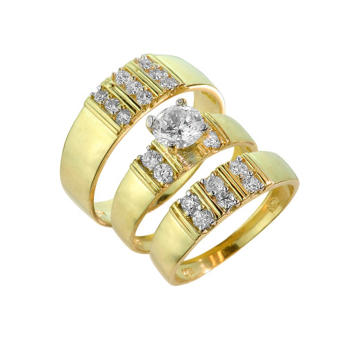 Gold CZ Wedding Ring Set (Three-Piece)