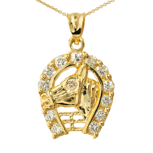 Yellow Gold CZ Horseshoe with Horse Head Charm Pendant Necklace