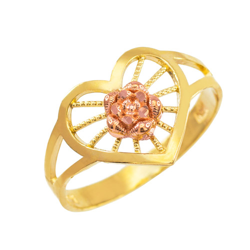 Two-Tone Gold Heart with Rose Filigree Ring