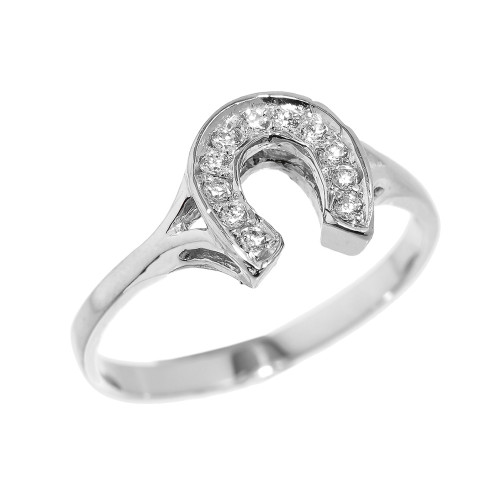 White Gold CZ Studded Ladies Horseshoe Ring