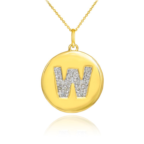 Gold Letter "W" Initial Diamond Disc Pendant Necklace