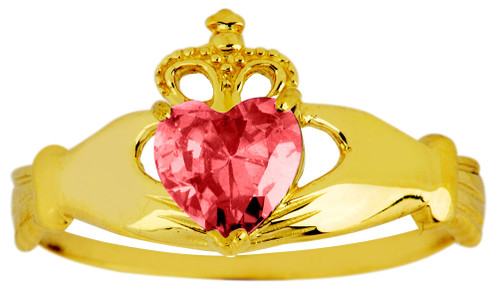October birthstone pink tourmaline cz Claddagh ring in gold.