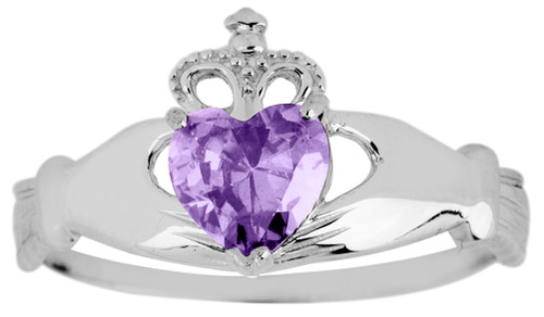 White Gold Claddagh Ring Ladies with Alexandrite Birthstone.  Available in your choice of 14k or 10k White Gold.
