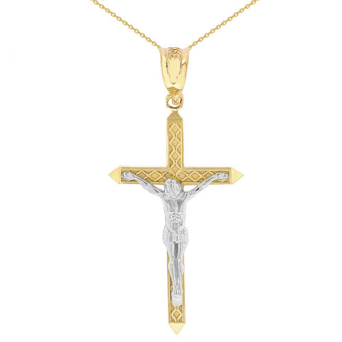 Two Tone Solid Yellow Gold Passion Cross Crucifix Pendant Necklace 1.40" (35 mm)