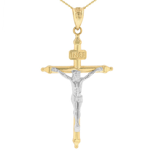 Two Tone Solid Yellow Gold INRI Christ Passion Cross Crucifix Pendant Necklace 1.7" (43 mm)