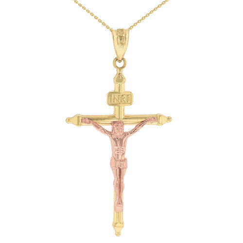Two Tone Solid Rose  and Yellow Gold INRI Christ Passion Cross Crucifix Pendant Necklace 1.4"  (36 mm)