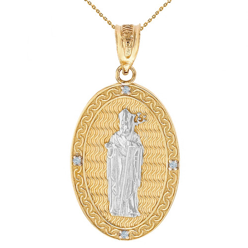 Two Tone Solid Yellow Gold Saint Patrick Diamond Oval Medallion Pendant Necklace 1.19" (30 mm)
