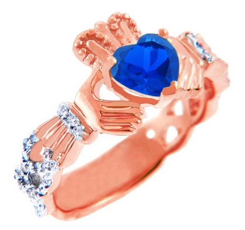 Rose Gold 0.4 Ct Diamond Band Claddagh Ring With 1.10 Ct Genuine Blue Sapphire