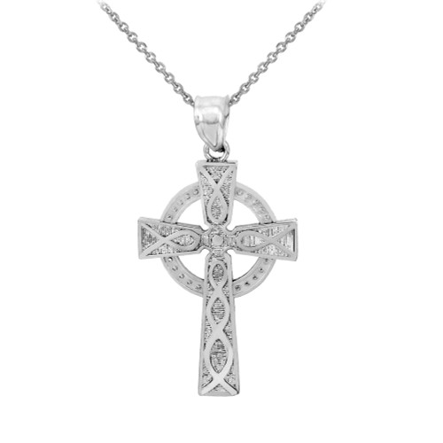 White Gold Celtic Cross Charm Pendant Necklace