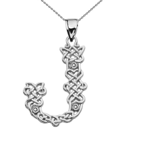 "J" Initial In Celtic Knot Pattern Sterling Silver Pendant Necklace