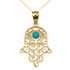 Yellow Gold Hamsa Hand With Hamsa Hand With Turquoise Evil Eye Pendant Necklace
