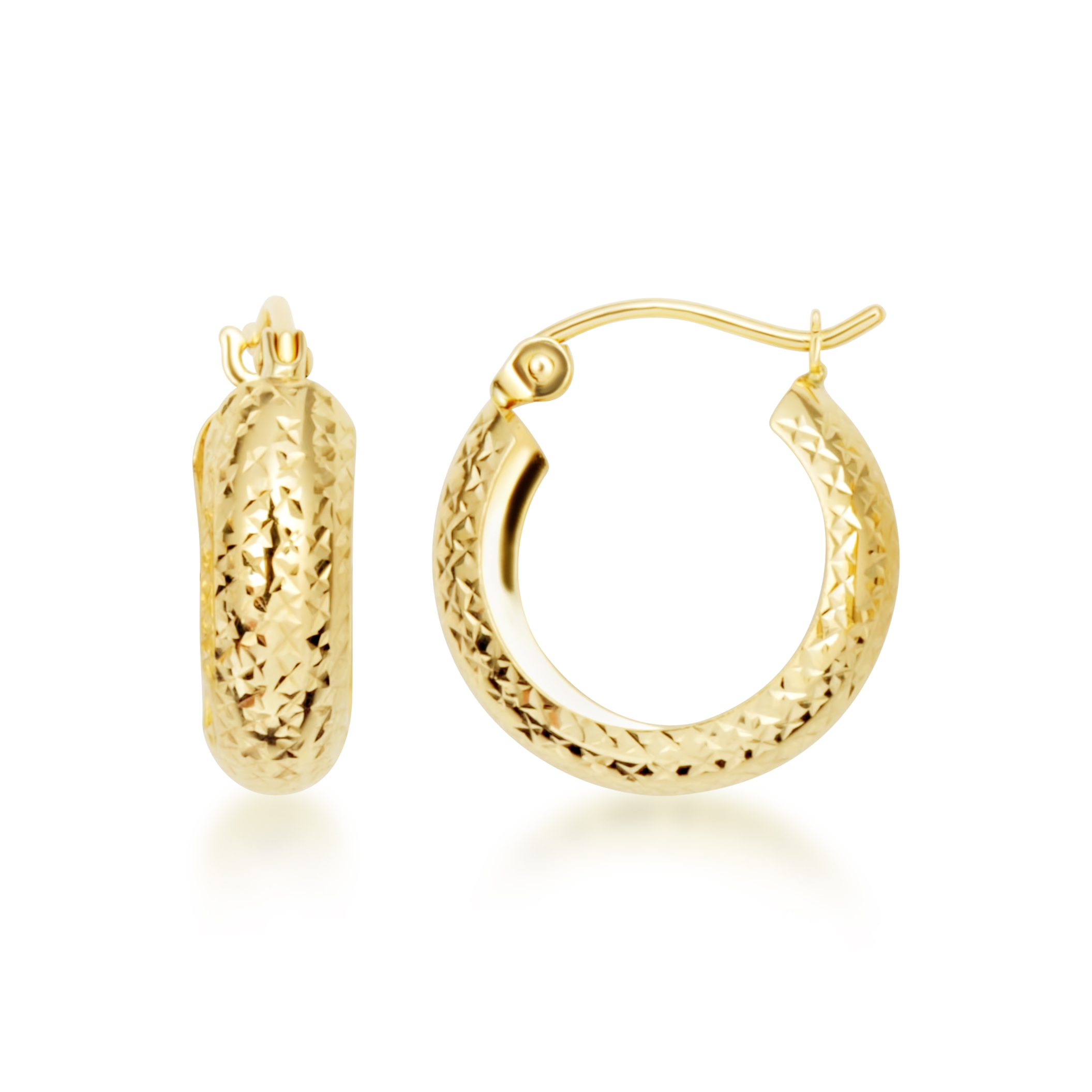 14K Yellow Gold Diamond Cut Textured Tube Huggie Hoop