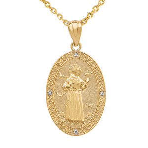 Gold St. Francis of Assisi Oval Engravable Medallion Diamond Pendant Necklace Medium Available in Two Tone Yellow Two Tone Rose Yellow Rose