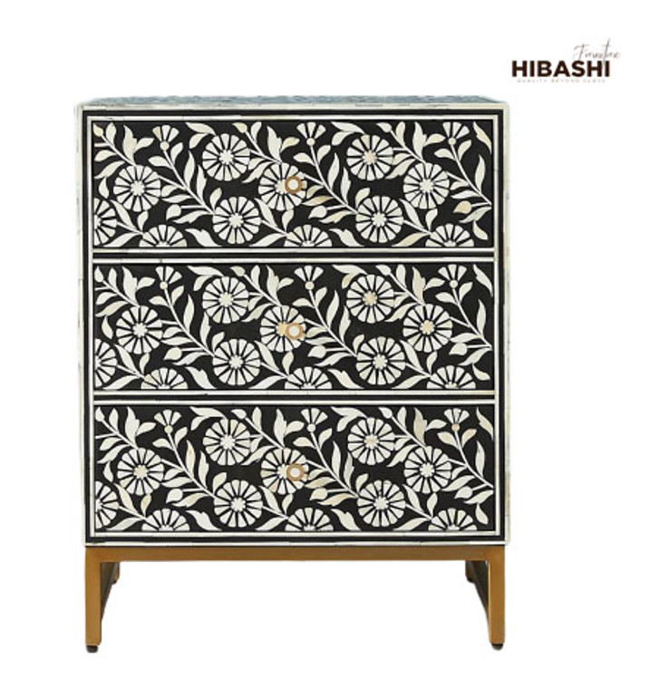 Riffa Bone Inlay Sunflora Design 3 Drawers Handmade Bedside Table