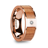 Marinos 14k Rose Gold Men's Wedding Band with Red Oak Wood Inlay & Diamond