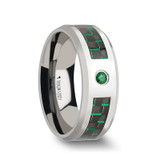 Aspen Tungsten Wedding Band with Black/Green Carbon Fiber Inlay & Emerald