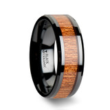 Benin Black Ceramic Wedding Band with African Sapele Wood Inlay