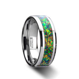 Ethereal Tungsten Wedding Band with Blue & Orange Opal Inlay
