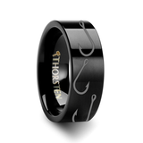 Fishing Hook Pattern Flat Black Tungsten Wedding Band