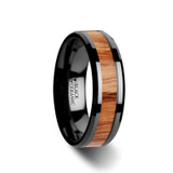 Oblivion Black Ceramic Wedding Band with Red Oak Wood Inlay