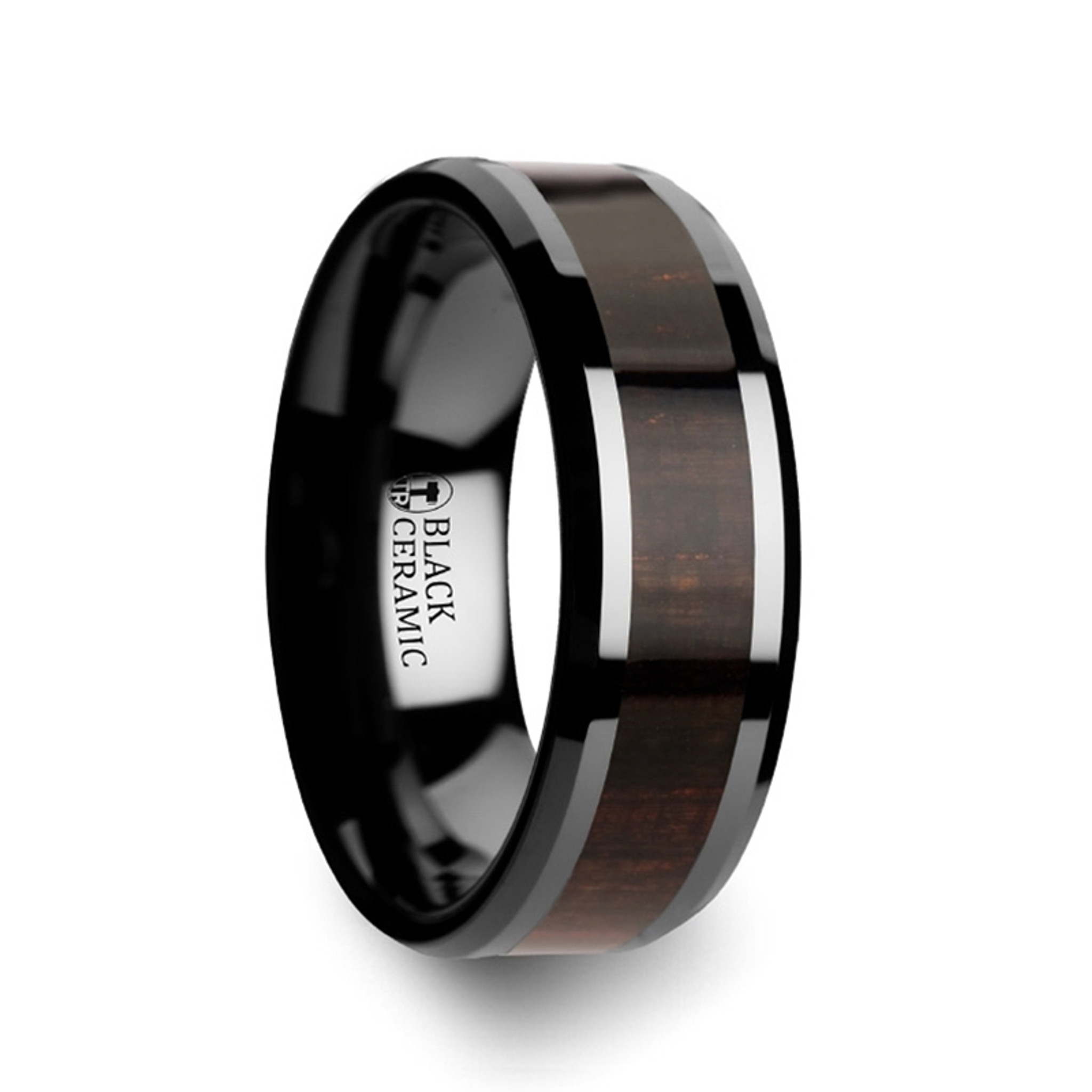 Mens black and store wood wedding band