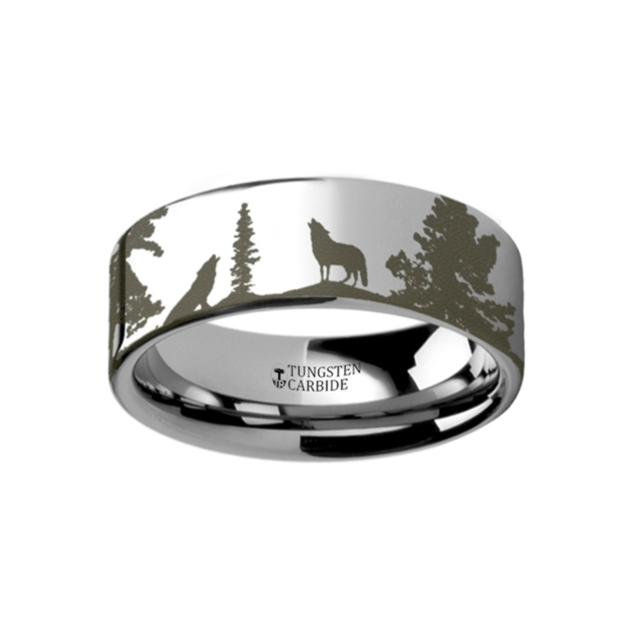 Animal Landscape Scene Wolf Wolves Engraved Flat Tungsten Wedding