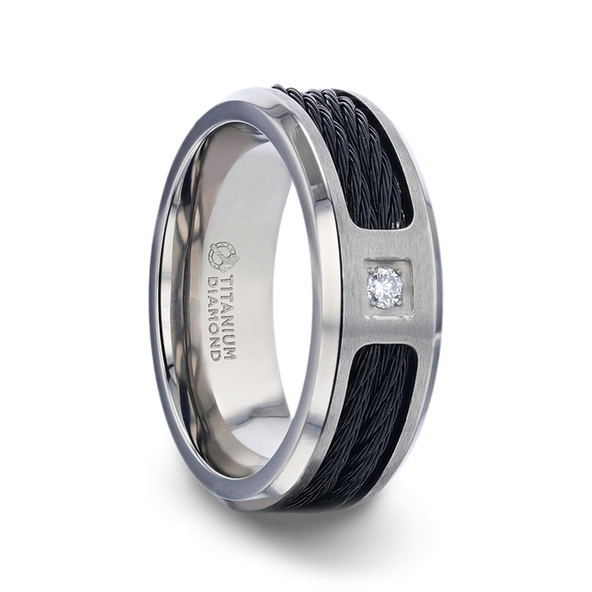 Sector Titanium Men's Wedding Band with Black Cable Inlay & Diamond |  Little King Jewelry