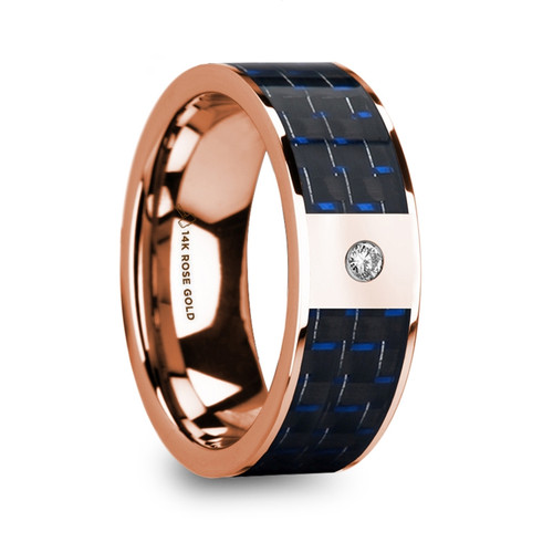 Mikhail 14k Rose Gold Men's Wedding Band with Blue/Black Carbon