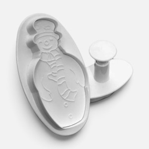 White Snowman Fondant Cutter and Embosser Set measuring approximately 9.5cm x 5.5cm, featuring a smiling snowman with Christmas hat, scarf and button details.