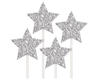 Silver Glitter Star Card Cake Toppers - 4 Pack Silver Glitter Star Card Cake Toppers - 4 Pack