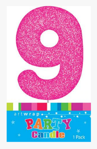 Number 9 Pink Candle With Shimmery Glitter.