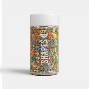 Go Bake Rainbow Confetti Shapes Sprinkles in shaker container featuring colourful flat sugar decorations for cakes, cupcakes and cookies.