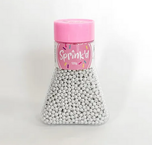 Silver Sugar Pearls (cachous) 4mm. 120gm Container Silver Sugar Pearls (cachous) 4mm. 120gm Container