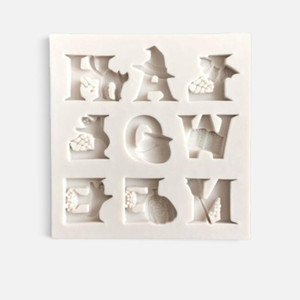 Halloween Alphabet Silicone Mould with spooky letter designs featuring witches, cats, spider webs and pumpkins