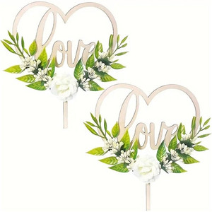 Love wooden floral cake topper with white flowers and greenery