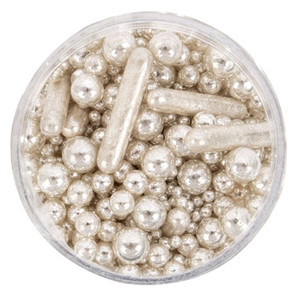 Bubble & Bounce silver sprinkle medley with metallic silver pearls and rods in a clear jar