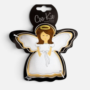 Cook's Choice Angel Cookie Cutter in decorative angel-shaped packaging, featuring a traditional angel with outstretched wings, gold halo and white dress.