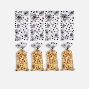 Halloween Spider Web Treat Bags x10 clear bags with black spiders and cobweb design