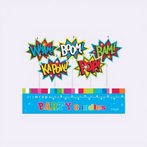 Superhero comic style party candles WHAM BOOM BAM KAPOW POP 5 pack