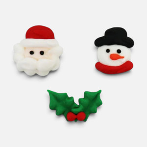 Christmas Mini Icing Decorations 12 Pack featuring approximately 1.5cm edible Santa Claus faces, snowmen with black hats and red scarves, and green holly leaves with red berries.