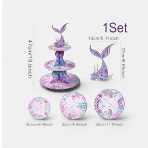Pastel mermaid themed tiered cupcake stand with mermaid tail topper