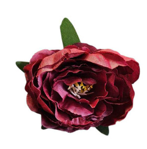 TM Cake Supplies Burgundy Silk Peony - Cake Decoration, realistic silk burgundy peony flower with layered petals and green leaves for cake decorating.