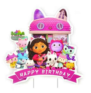 Gabby Dollhouse Card Cake Topper, colorful cake topper featuring Gabby and her friends in front of a pink cat-shaped house with a "Happy Birthday" banner. Gabby Dollhouse Card Cake Topper, colorful cake topper featuring Gabby and her friends in front of a pink cat-shaped house with a "Happy Birthday" banner.