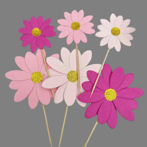 Pink Daisy Cake Toppers x12 - Premium Card, assorted pink and white flower cupcake toppers with yellow glitter centers on thin sticks. Pink Daisy Cake Toppers x12 - Premium Card, assorted pink and white flower cupcake toppers with yellow glitter centers on thin sticks.