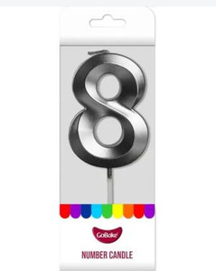 Number 8 Candle – Large Metallic Silver or Gold, metallic number 8 shaped candle on a stick in a retail package with colorful branding and clear plastic window. Number 8 Candle – Large Metallic Silver or Gold, metallic number 8 shaped candle on a stick in a retail package with colorful branding and clear plastic window.