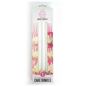 Cake Craft Heavy Duty Plastic Cake Dowels - 16mm x 300mm - 5 Pack, white plastic dowels for cake support, packaged in a clear plastic case with cake and cake topper images. Cake Craft Heavy Duty Plastic Cake Dowels - 16mm x 300mm - 5 Pack, white plastic dowels for cake support, packaged in a clear plastic case with cake and cake topper images.