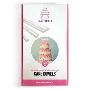 Cake Craft Heavy Duty Plastic Cake Dowels - 16mm x 300mm - 50 Pack, product packaging box with cake dowel sticks visible on the side and an image of a cake on the front. Cake Craft Heavy Duty Plastic Cake Dowels - 16mm x 300mm - 50 Pack, product packaging box with cake dowel sticks visible on the side and an image of a cake on the front.