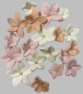 The Cake Mixer Fondant Flower Set - Handmade Edible Cake Decorations, assortment of pastel-colored fondant flowers with pearl centers for cake decoration. The Cake Mixer Fondant Flower Set - Handmade Edible Cake Decorations, assortment of pastel-colored fondant flowers with pearl centers for cake decoration.